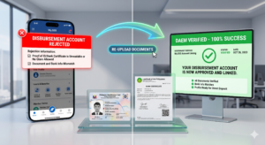 A 3D isometric infographic illustrating the process of fixing a rejected SSS disbursement account linking application. A modern office serves as the background, split by a digital interface. The left side shows a smartphone with a rejected red alert and reasons like "Proof of ID/Bank Certificate is Unreadable" and "Document and Bank Info Mismatch." An arrow with the label "RE-UPLOAD DOCUMENTS" points to the right. The center features realistic, readable replicas of a Philippine Identification Card and a Landbank of the Philippines Bank Certificate on a glass stand. The right side shows a desktop monitor with a green approved screen reading "DAEM VERIFIED - 100% SUCCESS" and "YOUR DISBURSEMENT ACCOUNT IS NOW APPROVED AND LINKED," along with a status update of "VERIFIED" and a date of "OCT 26, 2023.
