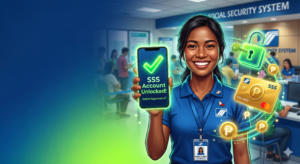A smiling Filipino worker in a blue uniform holds a smartphone displaying "SSS Account Unlocked!" and "DAEM Approved" alongside a glowing green checkmark. She is surrounded by floating 3D graphics, including a neon green unlocking padlock, a golden SSS bank card, and glowing Philippine Peso coins, set against a deep blue and neon green background with empty space on the left.