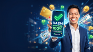 smiling Filipino professional in a navy suit holding up a glowing smartphone that displays a green checkmark and "DAEM APPROVED 100% FUNDS RELEASED." The background features floating 3D Philippine Peso symbols, a golden ATM card, stacks of cash, and ample negative space on the left.