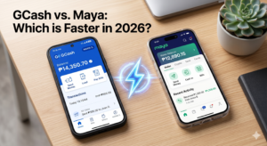Here is the requested information for the image watermarked_img_16907050467118997070.png: Alt Text: A high-angle, hyper-realistic close-up of two smartphones on a desk. The left phone shows the GCash app, and the right phone shows the Maya app. A glowing digital lightning bolt icon sits between the devices, with text at the top left reading "GCash vs. Maya: Which is Faster in 2026?
