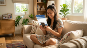 A pregnant woman sitting on a comfortable living room sofa while happily using her smartphone to file an online SSS Maternity Benefit Application via the My.SSS portal.