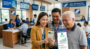 Three generations of smiling Filipinos tracking financial growth and retirement funds on the SSS mobile app inside a digital hub branch
