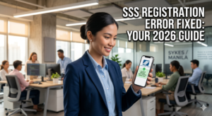 A confident young professional woman in a modern office looking at an SSS registration success notification on her smartphone.