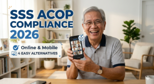 A friendly senior Filipino pensioner smiling confidently while holding a smartphone during a successful SSS ACOP compliance video call at home.