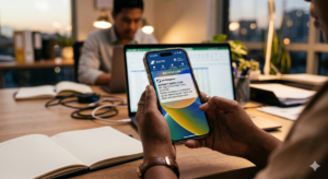 A close-up view of a person holding a smartphone showing an SSS Philippines maternity benefit claim rejection notification, set against a blurred, warm-toned office environment