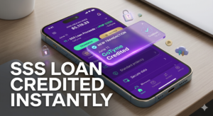 A 3D corporate infographic featuring a premium smartphone on a wooden desk. The screen displays a digital banking app interface with a vibrant purple background. A large, bold, clean white text overlay in the foreground reads "SSS LOAN CREDITED INSTANTLY". A glowing glassmorphic popup notification on the screen reads "June 11 GoTyme Credited" with a green checkmark. Tiny 3D icons like padlocks and Peso currency symbols float around the phone, emphasizing a modern, secure financial theme.