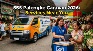 An SSS e-Wheels mobile service van parked at a bustling Philippine public market (palengke). A friendly SSS staff member in a blue uniform shows an digital tablet to a Filipina vendor. In the background, market stalls are filled with fruits and vegetables. Overlaid text reads "SSS Palengke Caravan 2026: Services Near You."