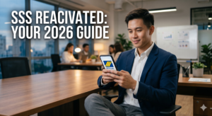 A young male professional in a navy blue suit sitting in a modern, brightly lit office, looking confidently at his smartphone. The smartphone screen displays the official SSS Philippines logo. Overlaid text in bold font reads: "SSS REACIVATED: YOUR 2026 GUIDE."