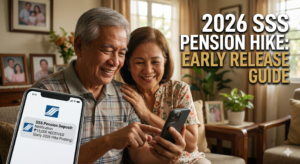 A senior Filipino couple smiling while checking an SSS pension deposit notification on their smartphone in their living room.A senior Filipino couple smiling while checking an SSS pension deposit notification on their smartphone in their living room.