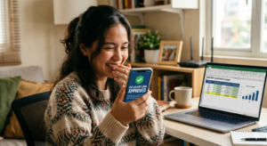 A young Filipino woman smiles in relief as she holds her smartphone displaying "SSS SALARY LOAN APPROVED" with a green checkmark. She is sitting at a desk in a home office. Next to her, an open laptop screen shows a digital spreadsheet titled "2026 SSS Contributions Ledger" with a rising fund growth bar chart. The background is a clean, modern tech workspace with abundant natural light. The photograph is cinematic and highly scannable, rendered in 8k resolution.