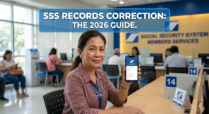 A Filipino woman sitting at a desk in a modern SSS branch office, holding up a smartphone that displays the SSS mobile app interface. Text overlay reads "SSS RECORDS CORRECTION: THE 2026 GUIDE