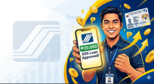 Smiling man showing digital approval for a ₱20,000 SSS salary loan on a smartphone app inside the Philippines SSS portal