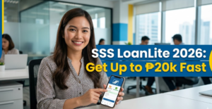 A professional Filipina office worker in a modern workspace using a smartphone to apply for an SSS loan, displaying UnionBank and Landbank digital banking integration.