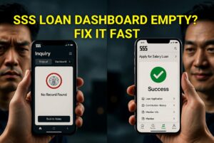 A split-screen comparison showing how to fix an empty SSS Loan Inquiry dashboard. Left side: Frustrated man looking at smartphone with 'No Record Found' error on SSS portal. Right side: Confident man viewing successful 'Apply for Salary Loan' screen with green checkmark. Bold yellow text overlay: 'SSS LOAN DASHBOARD EMPTY? FIX IT FAST