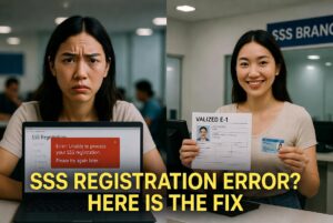 Split-screen image of an expectant mother dealing with SSS registration issues. Left side: Frustrated pregnant woman looking at a red error popup on laptop screen saying 'Unable to process your SSS registration'. Right side: Same woman smiling at SSS branch counter holding a validated E-1 form and ID. Bold yellow text: 'SSS REGISTRATION ERROR? HERE IS THE FIX'